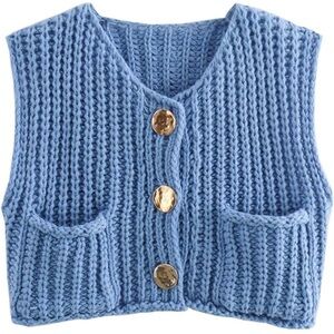 Chic Blue Women's Knitted Cardigan Vest